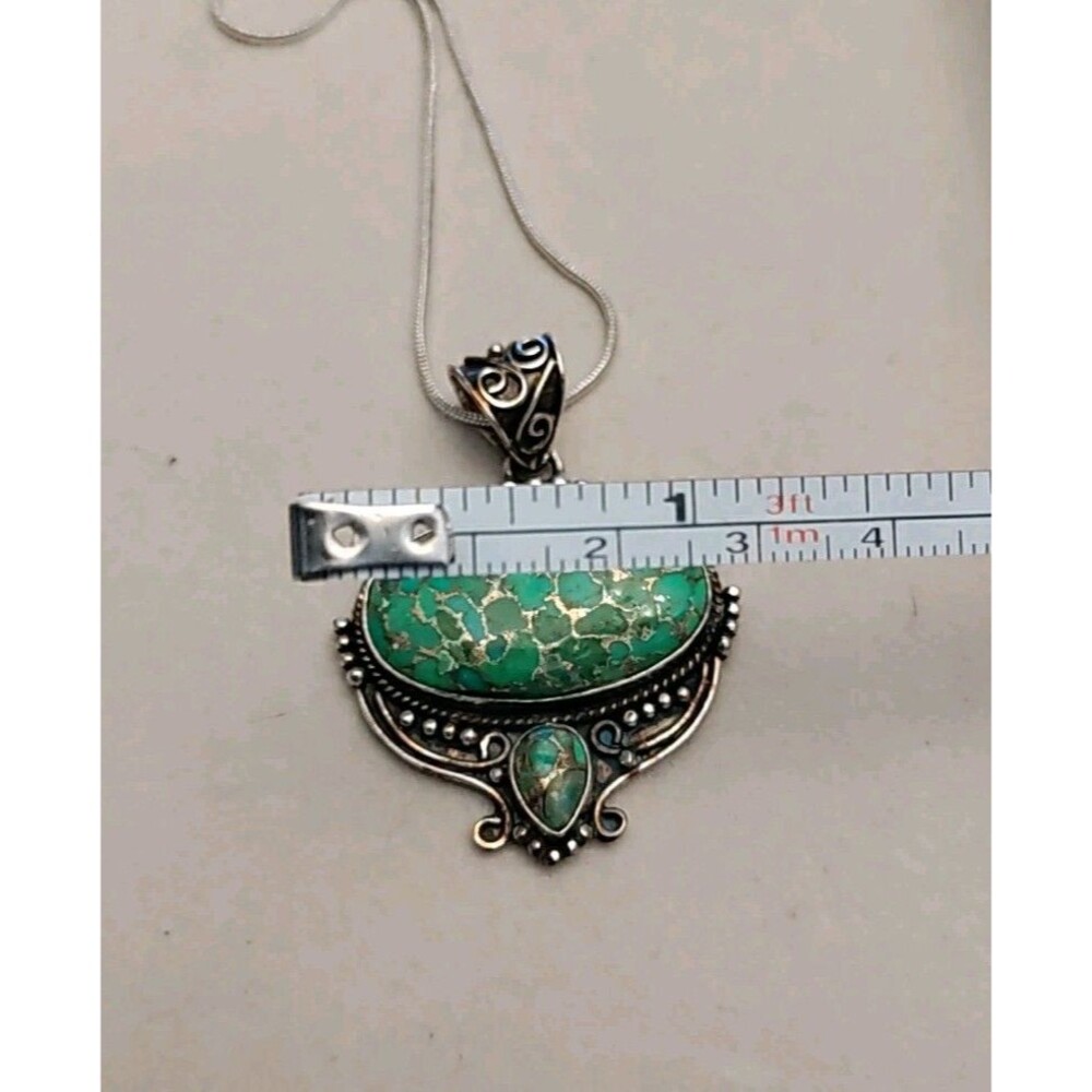925 Green Copper Turquoise Pendant On 22" 925 Snake Chain Necklace - Picture 4 of 5